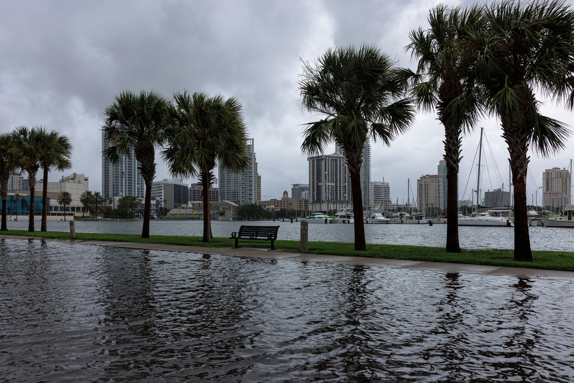 Hurricane striking waterfront of St. Petersburg, Tampa Bay. Parking lots and streets under the water in marina near airport